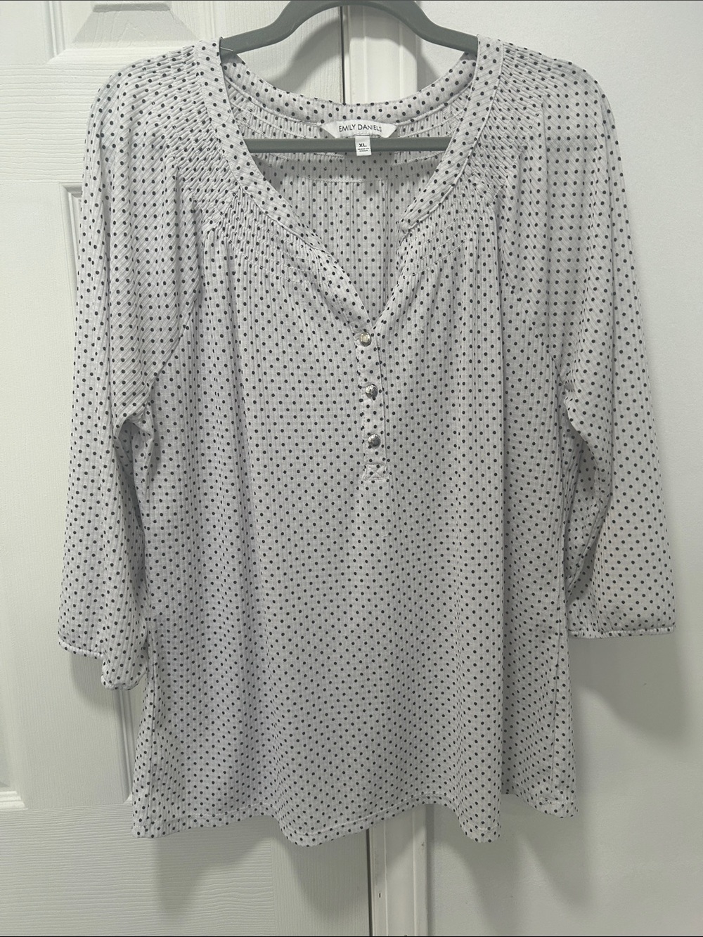 White Polka Dot Blouse, Henley Split Neck 3/4 Sleeve Boho Cottagecore Top